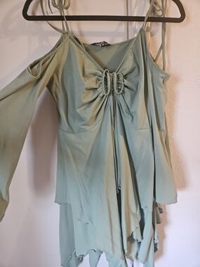 Current Mood Sage Green Tie-Front Cold-Shoulder Top